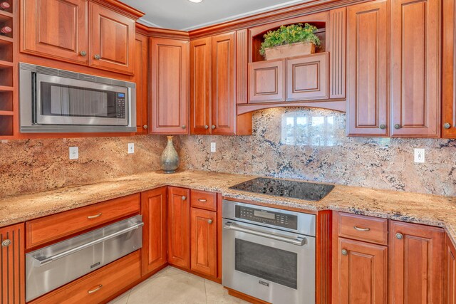 160 1st St, Key Colony, FL 33051 - kitchen with appliances with stainless steel finishes, open shelves, a warming drawer, and tasteful backsplash