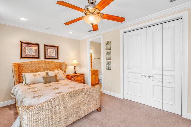 160 1st St, Key Colony, FL 33051 - bedroom with light carpet, baseboards, a closet, crown molding, and recessed lighting