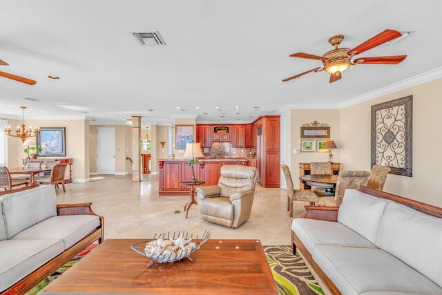 160 1st St, Key Colony, FL 33051 - living room featuring ceiling fan, ornamental molding, a chandelier, recessed lighting, and light tile patterned floors