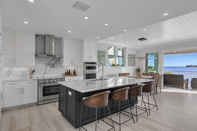 kitchen with a sink, white cabinets, wall chimney range hood, appliances with stainless steel finishes, and decorative backsplash