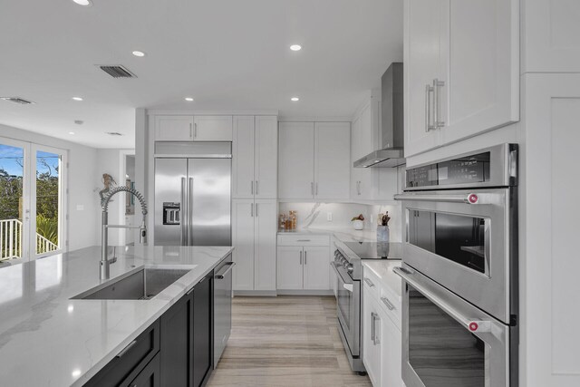 kitchen featuring tasteful backsplash, white cabinets, premium appliances, wall chimney exhaust hood, and a sink