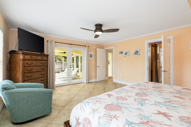 bedroom with baseboards, ornamental molding, tile patterned floors, access to exterior, and french doors