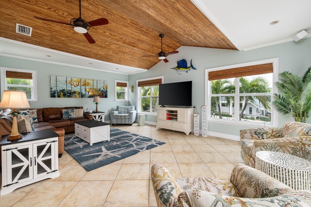 living room featuring baseboards, visible vents, lofted ceiling, wooden ceiling, and crown molding