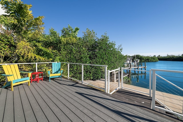 wooden terrace with a dock and a water view