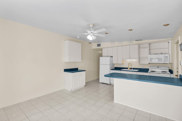 kitchen featuring a sink, white cabinets, white appliances, a ceiling fan, and open shelves