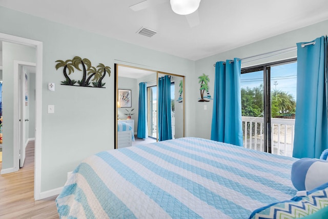 bedroom featuring a ceiling fan, baseboards, visible vents, access to exterior, and light wood finished floors