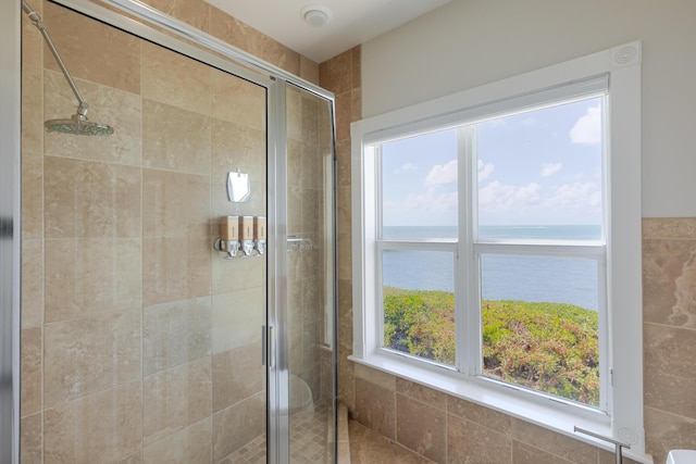 bathroom featuring a healthy amount of sunlight, a water view, and a shower stall