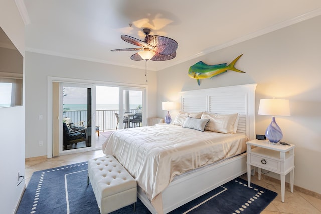 bedroom with access to outside, tile patterned floors, a ceiling fan, baseboards, and ornamental molding