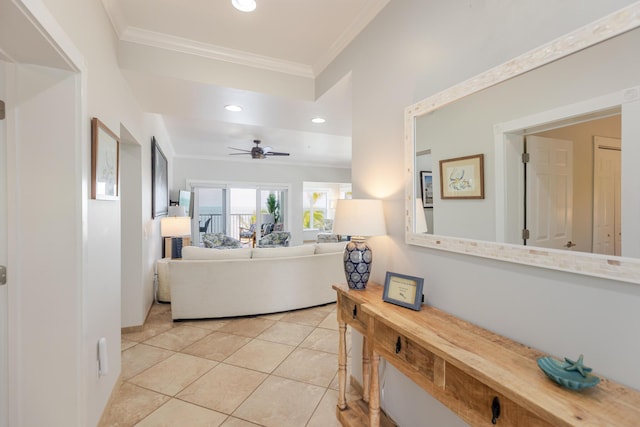 corridor featuring crown molding, recessed lighting, and light tile patterned flooring