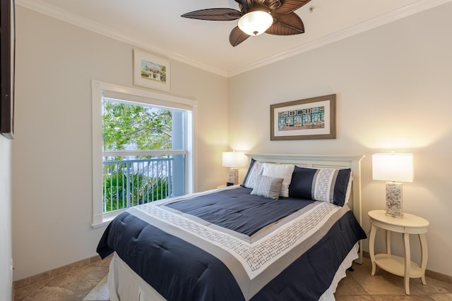 bedroom featuring baseboards, ornamental molding, and ceiling fan