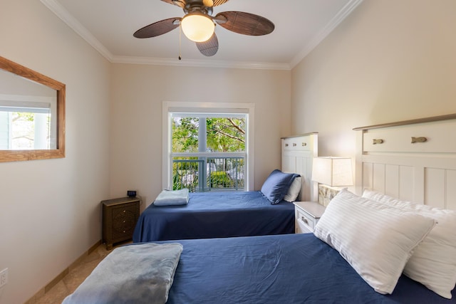 bedroom featuring crown molding, ceiling fan, and multiple windows