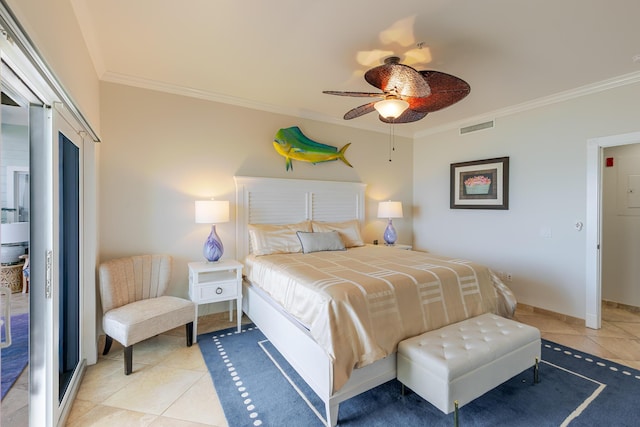 bedroom featuring crown molding, ceiling fan, visible vents, and light tile patterned floors