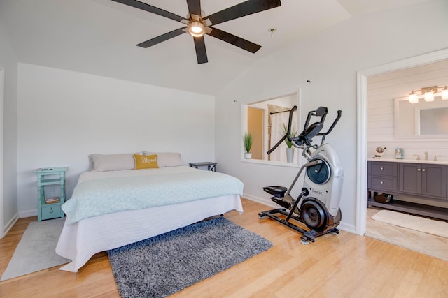 930 80th St, Marathon, FL 33050 - bedroom featuring lofted ceiling, light wood-style floors, ensuite bathroom, and ceiling fan