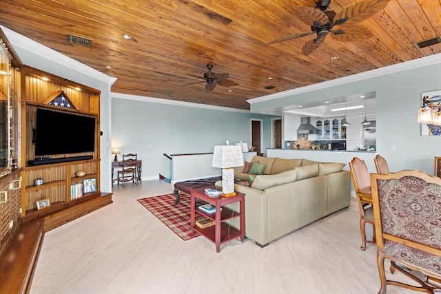 living area with ceiling fan, wooden ceiling, visible vents, and crown molding