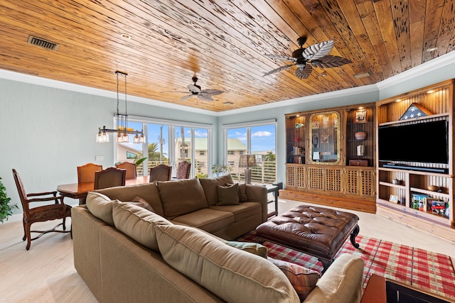 living room with ornamental molding, wood ceiling, visible vents, and ceiling fan with notable chandelier