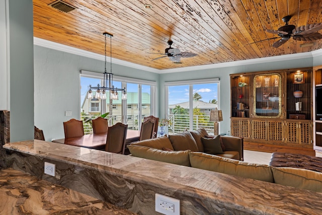 interior space featuring wooden ceiling, visible vents, and crown molding