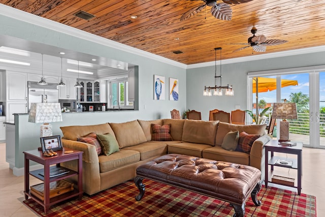 living area with light tile patterned floors, visible vents, wooden ceiling, crown molding, and ceiling fan with notable chandelier