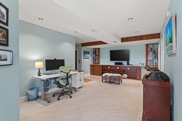 home office with baseboards, visible vents, and recessed lighting