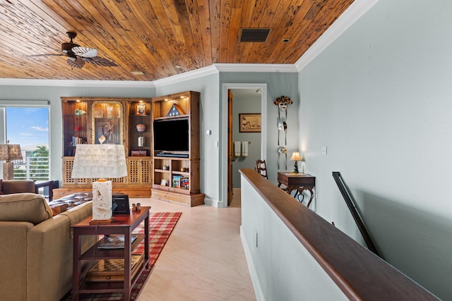 living area featuring a ceiling fan, wood ceiling, visible vents, and crown molding