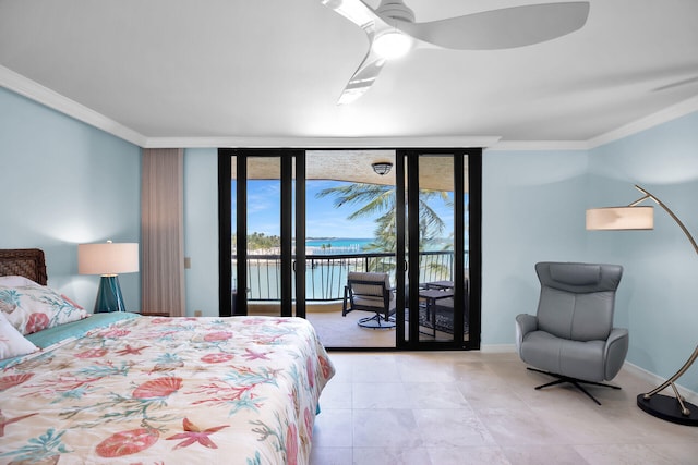 bedroom with access to outside, floor to ceiling windows, ornamental molding, and baseboards