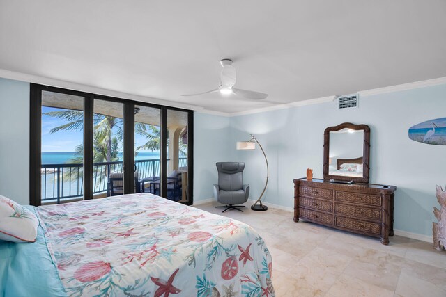 bedroom featuring baseboards, access to outside, visible vents, and ornamental molding