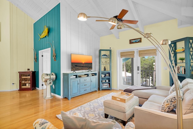 835 70th St, Gulf, Marathon, FL 33050 - living room featuring light wood-style floors, a ceiling fan, high vaulted ceiling, and wood ceiling with exposed beams