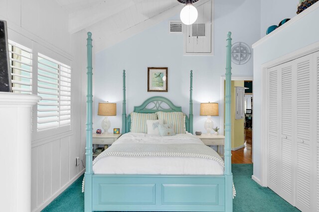 835 70th St, Gulf, Marathon, FL 33050 - bedroom with dark colored carpet, a closet, vaulted ceiling, and ceiling fan