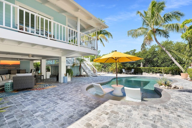 835 70th St, Gulf, Marathon, FL 33050 - outdoor pool featuring stairway, an outdoor living space, a patio, and a ceiling fan