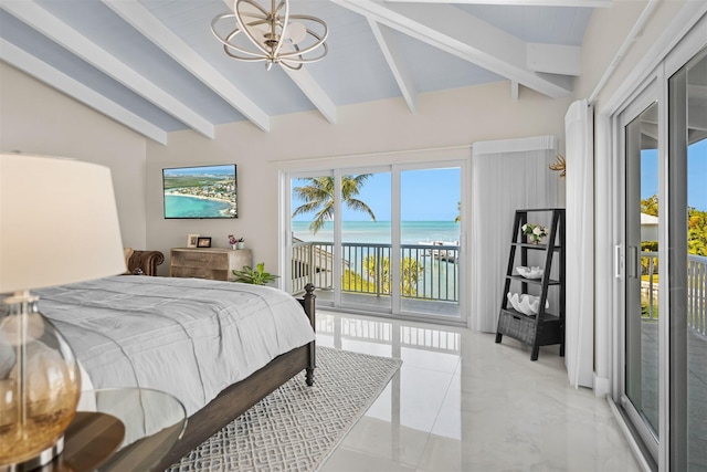 bedroom with vaulted ceiling with beams, an inviting chandelier, and access to outside