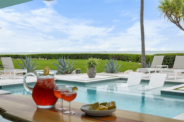 view of swimming pool with a fenced in pool and a patio