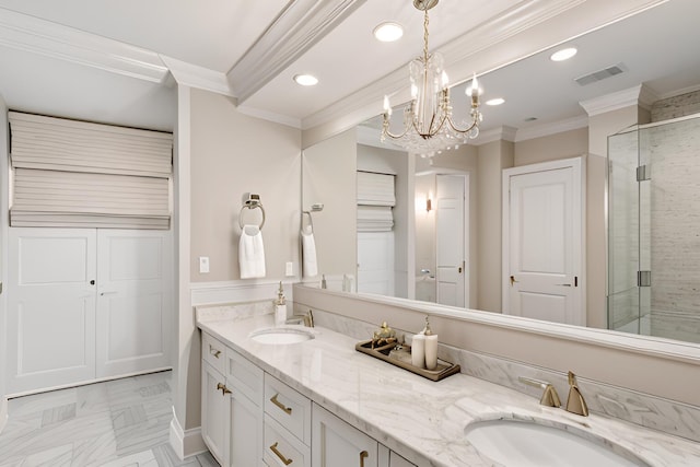 full bath featuring a stall shower, a sink, visible vents, and crown molding