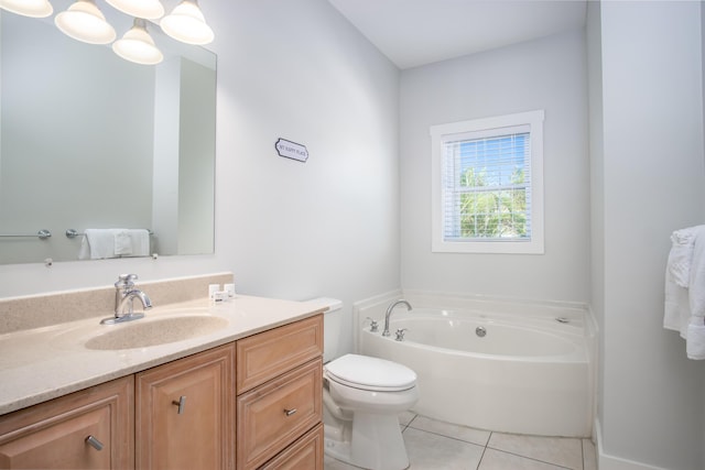 full bathroom with toilet, a garden tub, tile patterned flooring, and vanity