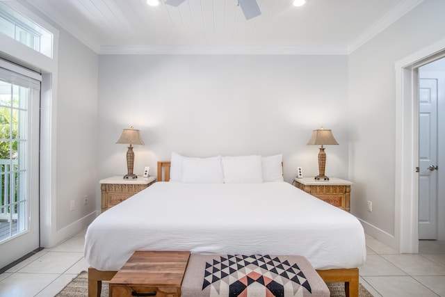 bedroom featuring light tile patterned floors, crown molding, recessed lighting, and access to exterior