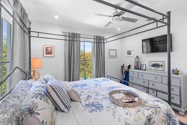bedroom with a ceiling fan and recessed lighting