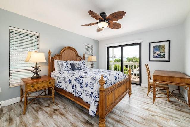 bedroom with light wood-type flooring, access to exterior, baseboards, and ceiling fan