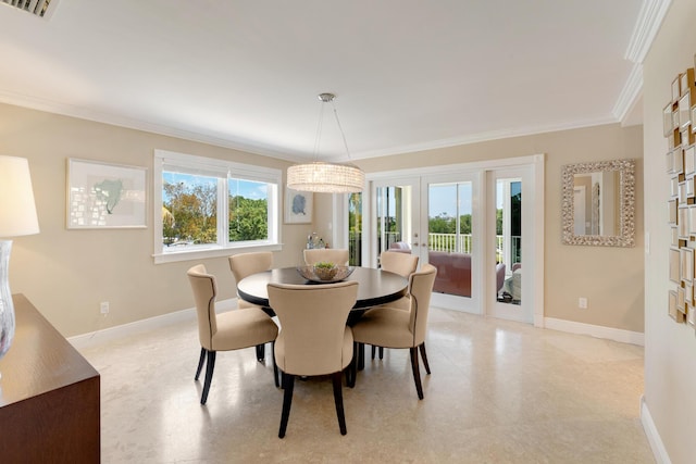dining area with visible vents, baseboards, ornamental molding, french doors, and light floors