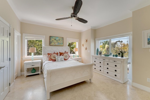 bedroom featuring ornamental molding, baseboards, and multiple windows