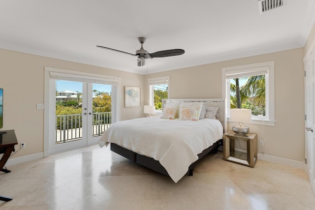 bedroom featuring french doors, visible vents, baseboards, and access to outside
