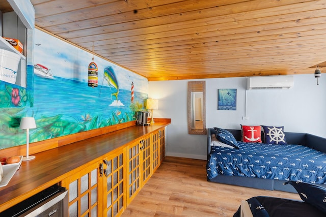 bedroom featuring wood ceiling, a wall mounted air conditioner, baseboards, and wood finished floors