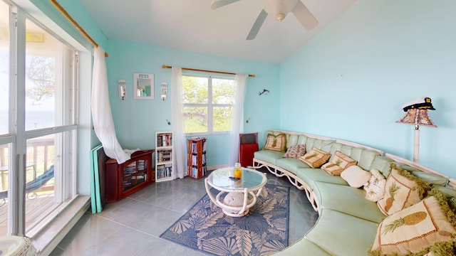 1W Cooks Is, Big Pine, FL 33043 - living area with a ceiling fan, vaulted ceiling, and tile patterned flooring