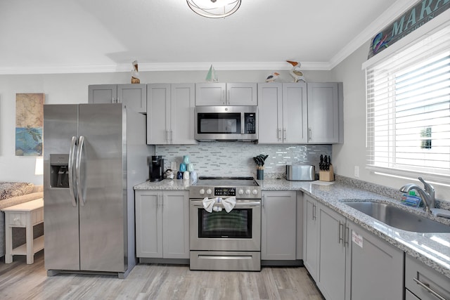 kitchen with gray cabinets, stainless steel appliances, and a sink