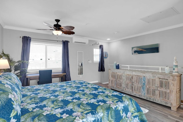 bedroom featuring baseboards, a wall unit AC, ceiling fan, ornamental molding, and wood finished floors