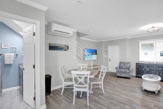 dining area featuring ornamental molding, stairway, baseboards, and a wall mounted AC