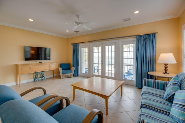 2600 Overseas Hwy Unit 5, Marathon, FL 33050 - living room featuring light tile patterned floors, french doors, ceiling fan, recessed lighting, and ornamental molding