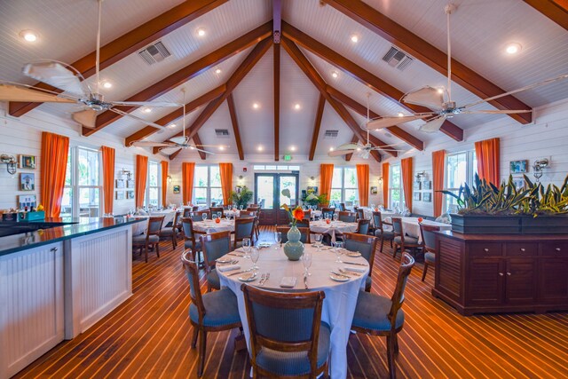 2600 Overseas Hwy Unit 5, Marathon, FL 33050 - dining room featuring ceiling fan, dark colored carpet, beam ceiling, high vaulted ceiling, and recessed lighting