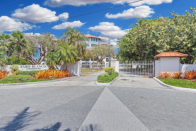 view of road featuring curbs, a gated entry, and a gate