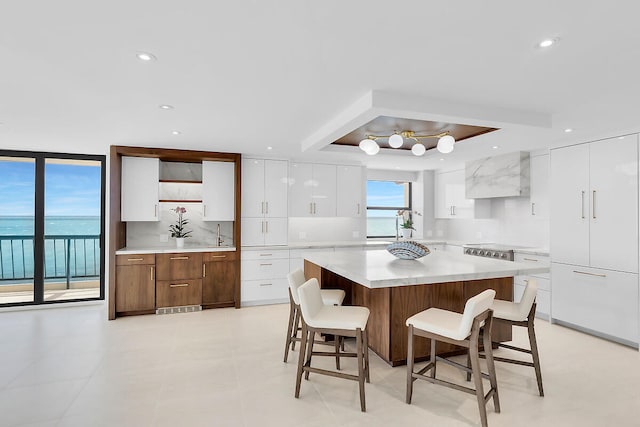 kitchen featuring tasteful backsplash, a raised ceiling, a breakfast bar, and modern cabinets