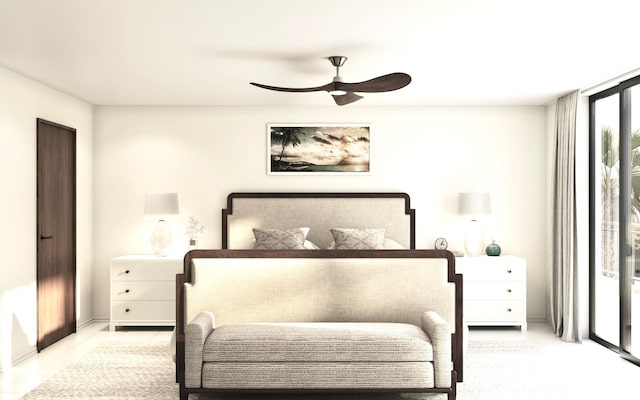 bedroom with access to outside and ceiling fan