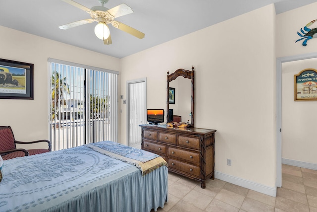 bedroom with access to exterior, baseboards, a ceiling fan, and light tile patterned flooring