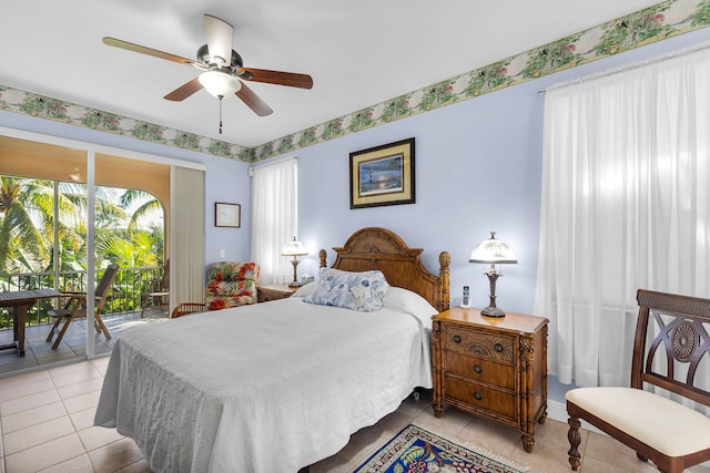 bedroom featuring access to exterior, a ceiling fan, and light tile patterned floors